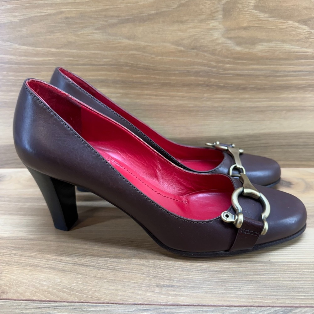 BURBERRY Horsebit Pumps Womens 7 EU 37 Brown Leather Dress Shoes - Picture 2 of 11